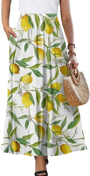 Women's Plus Size Skirts with Pockets Soft Flowy High Waist Pleated Midi A-Line Maxi Skirt for Party Beach S-2XL