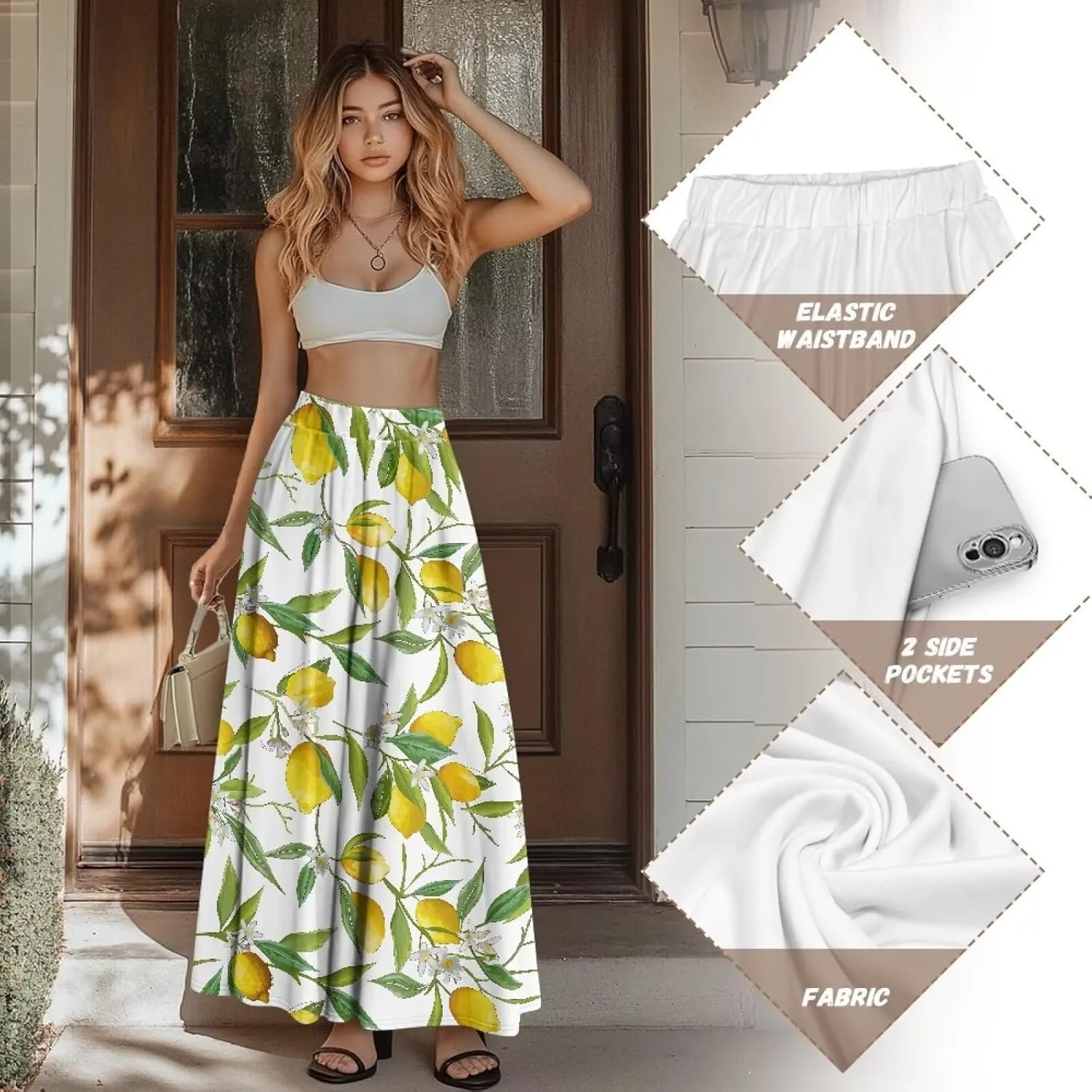 Women's Plus Size Skirts with Pockets Soft Flowy High Waist Pleated Midi A-Line Maxi Skirt for Party Beach S-2XL