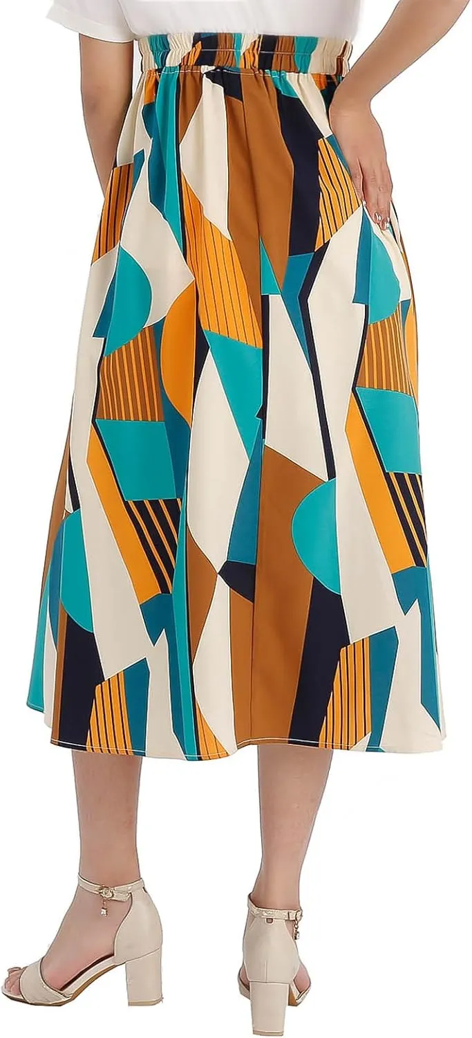 Women's Pocket Skirt Elastic Waist Spring Summer and Autumn Printed Casual High Waist Skirt