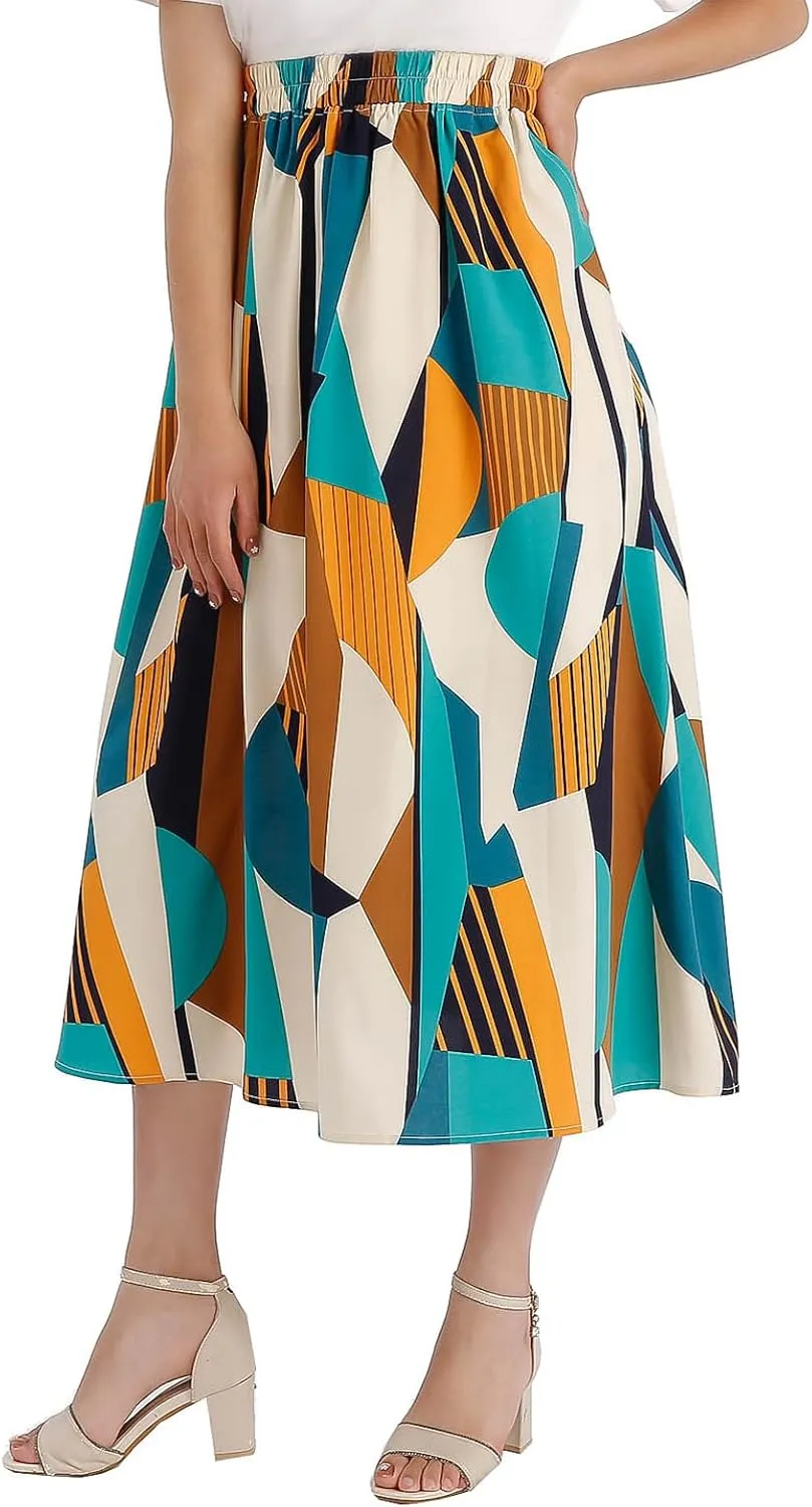 Women's Pocket Skirt Elastic Waist Spring Summer and Autumn Printed Casual High Waist Skirt