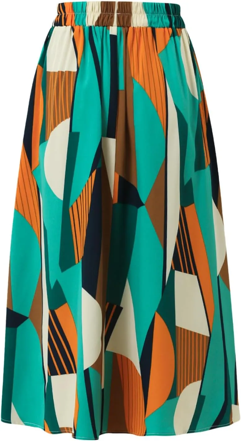 Women's Pocket Skirt Elastic Waist Spring Summer and Autumn Printed Casual High Waist Skirt