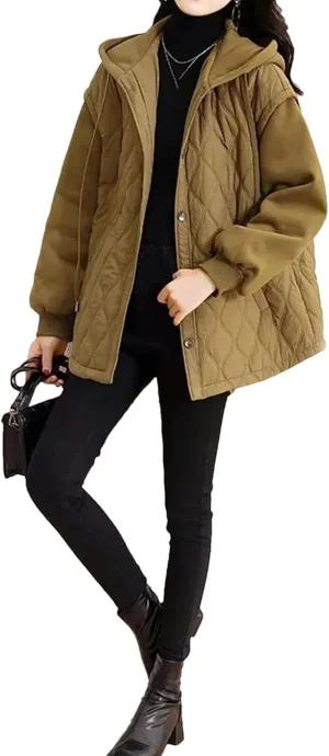 Women's Puffer Jacket Cotton-Padded Jacket Hooded Loose Thick Quilted Cotton-Padded Coat With Pockets