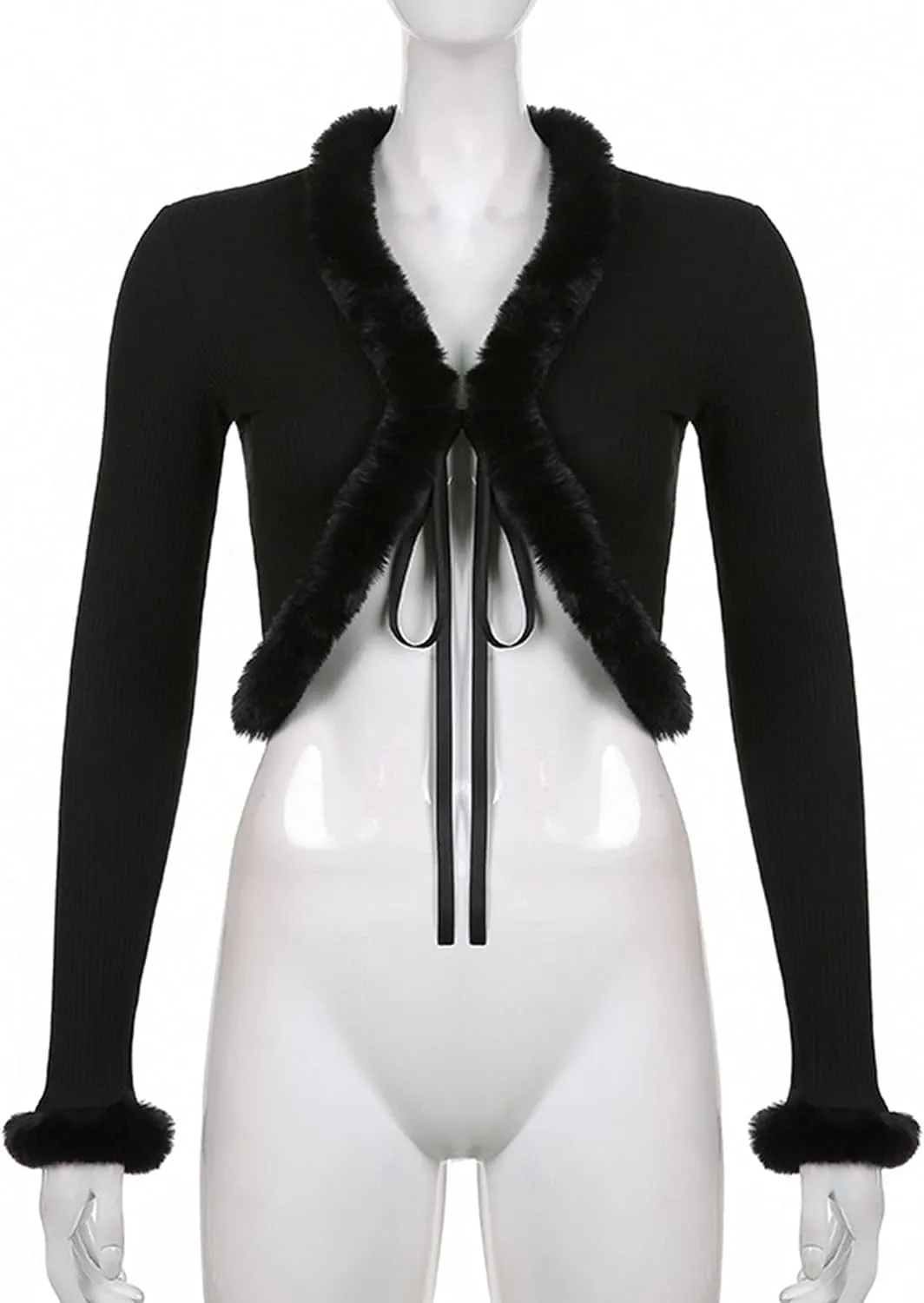 Women's Sexy Feather Trim Blouse Tops Long Sleeve Tie-up Cardigan Faux Fur Crop Top Rave Festival Outfits
