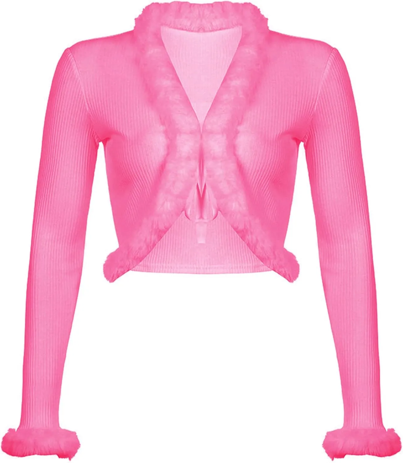 Women's Sexy Feather Trim Blouse Tops Long Sleeve Tie-up Cardigan Faux Fur Crop Top Rave Festival Outfits