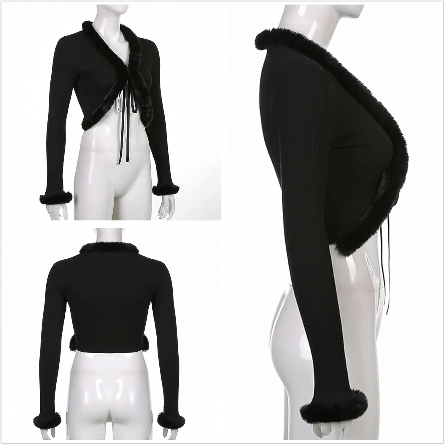 Women's Sexy Feather Trim Blouse Tops Long Sleeve Tie-up Cardigan Faux Fur Crop Top Rave Festival Outfits