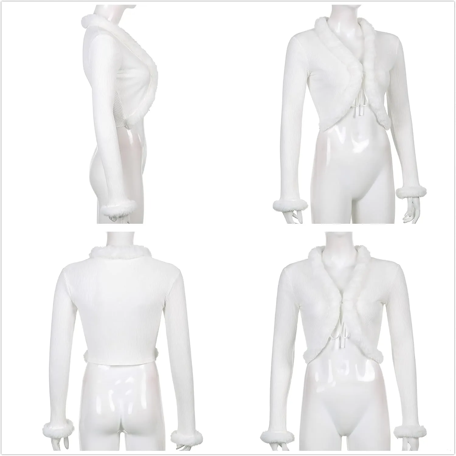 Women's Sexy Feather Trim Blouse Tops Long Sleeve Tie-up Cardigan Faux Fur Crop Top Rave Festival Outfits