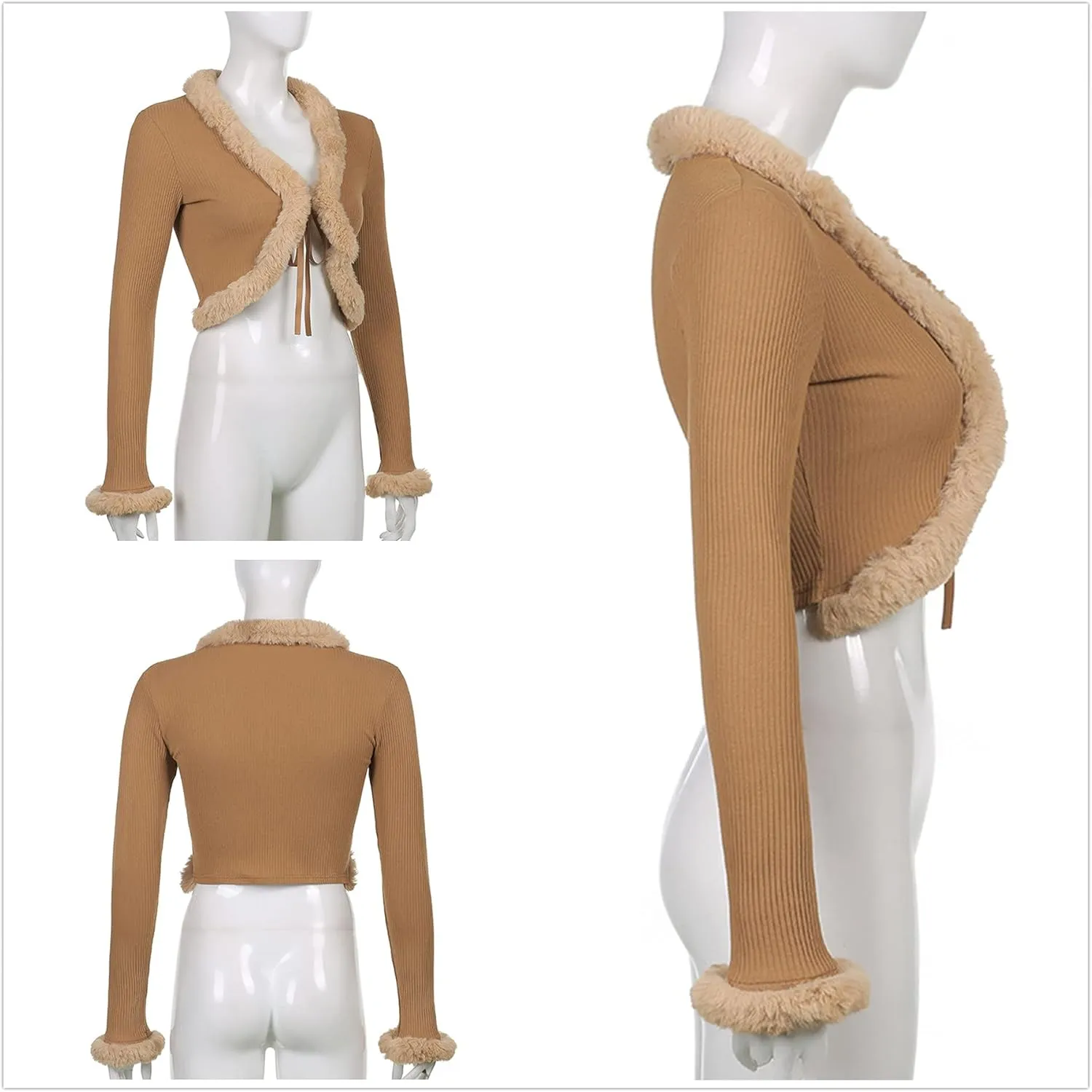 Women's Sexy Feather Trim Blouse Tops Long Sleeve Tie-up Cardigan Faux Fur Crop Top Rave Festival Outfits