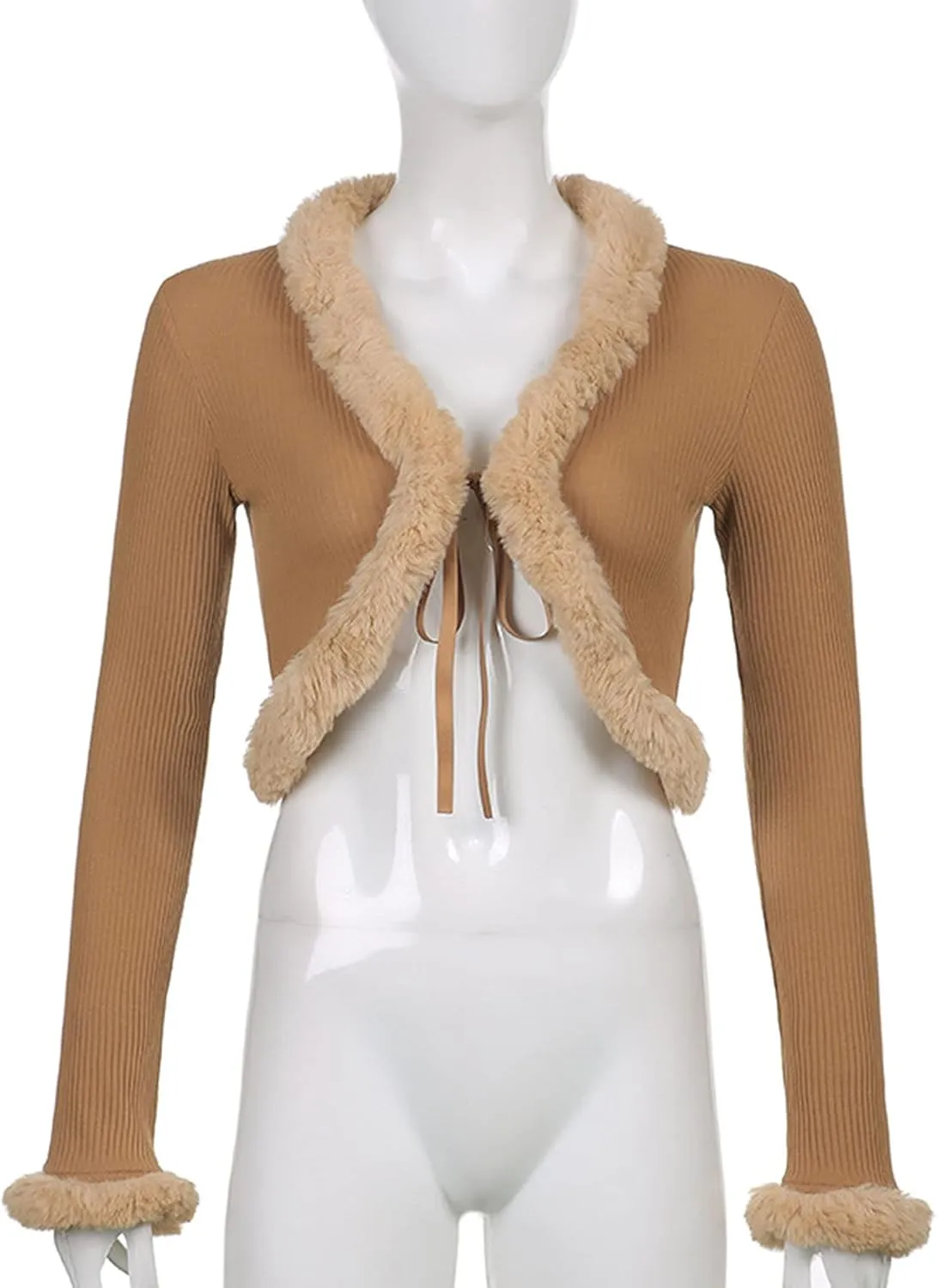 Women's Sexy Feather Trim Blouse Tops Long Sleeve Tie-up Cardigan Faux Fur Crop Top Rave Festival Outfits