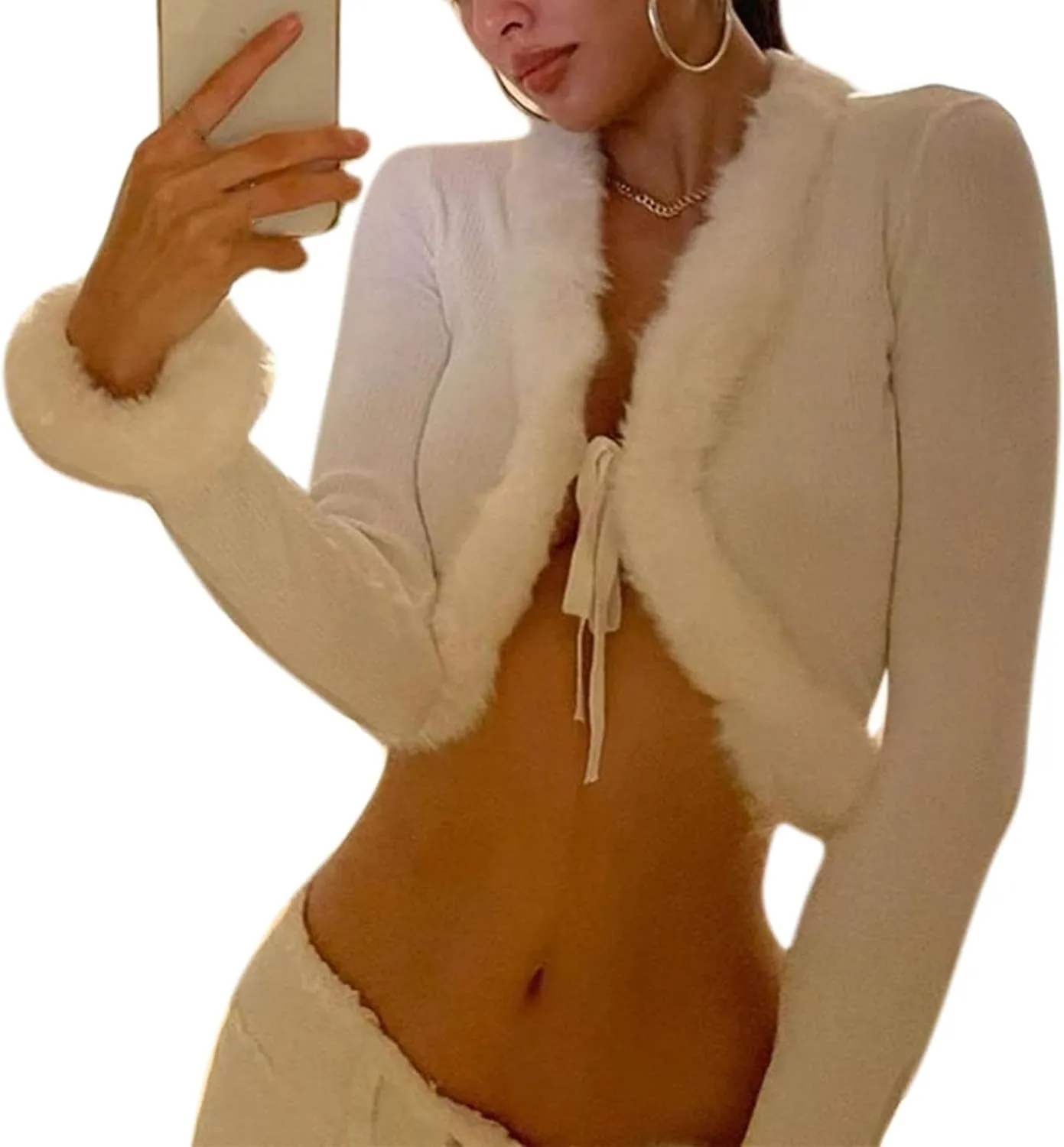 Women's Sexy Feather Trim Blouse Tops Long Sleeve Tie-up Cardigan Faux Fur Crop Top Rave Festival Outfits