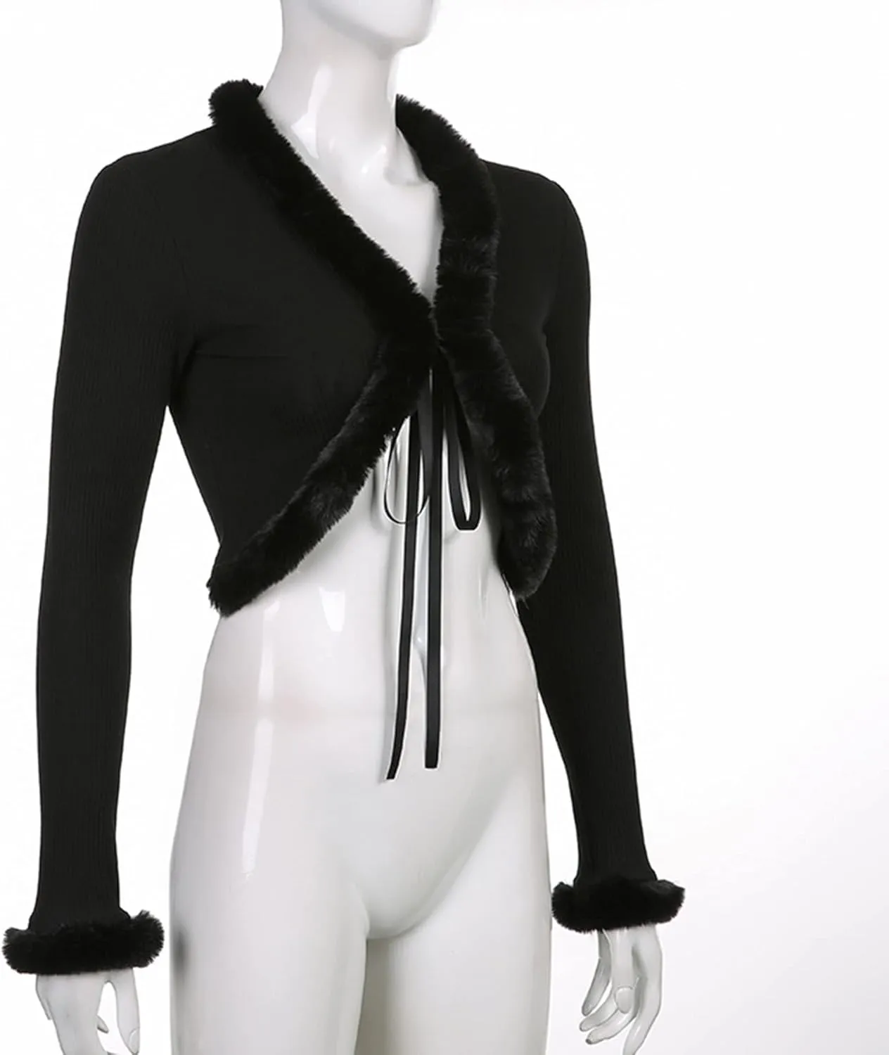 Women's Sexy Feather Trim Blouse Tops Long Sleeve Tie-up Cardigan Faux Fur Crop Top Rave Festival Outfits