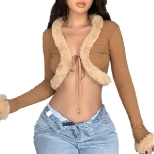 Women's Sexy Feather Trim Blouse Tops Long Sleeve Tie-up Cardigan Faux Fur Crop Top Rave Festival Outfits