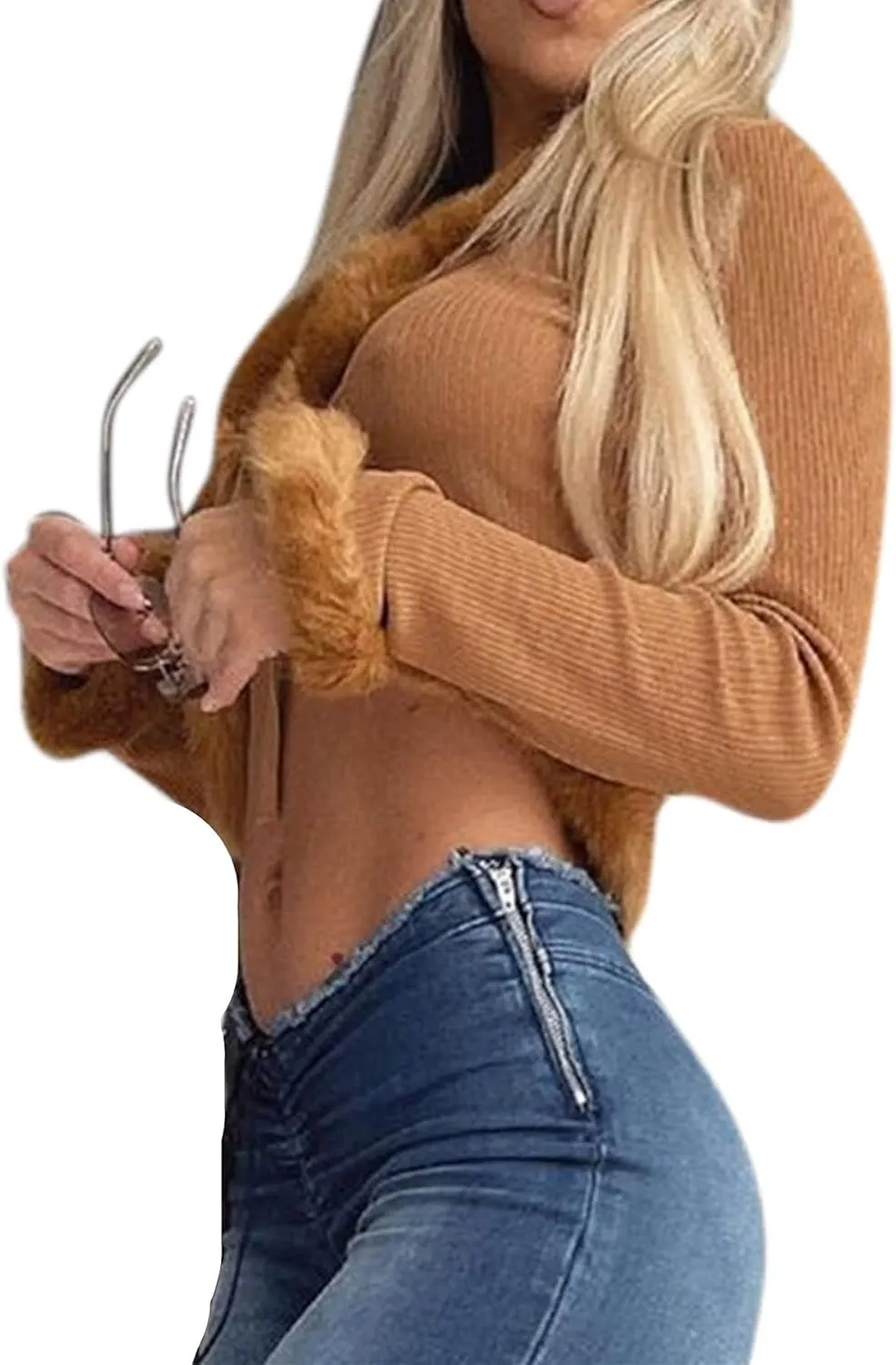 Women's Sexy Feather Trim Blouse Tops Long Sleeve Tie-up Cardigan Faux Fur Crop Top Rave Festival Outfits