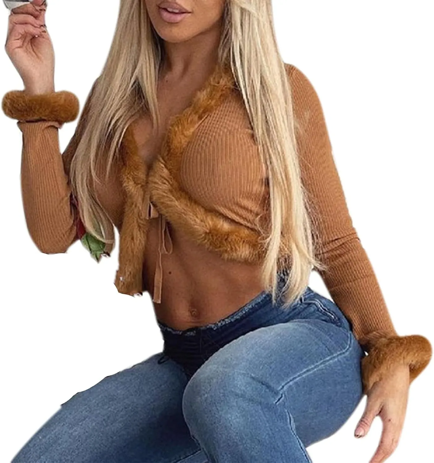 Women's Sexy Feather Trim Blouse Tops Long Sleeve Tie-up Cardigan Faux Fur Crop Top Rave Festival Outfits