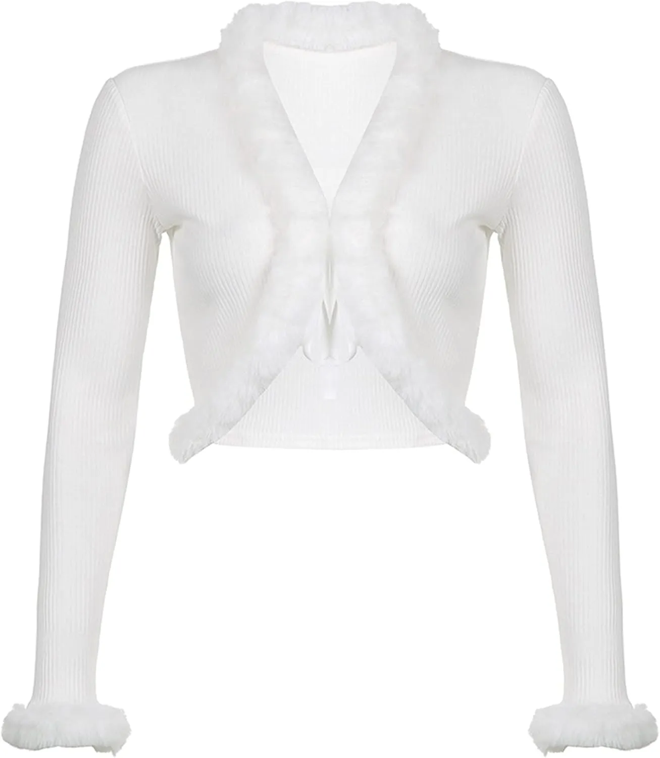 Women's Sexy Feather Trim Blouse Tops Long Sleeve Tie-up Cardigan Faux Fur Crop Top Rave Festival Outfits
