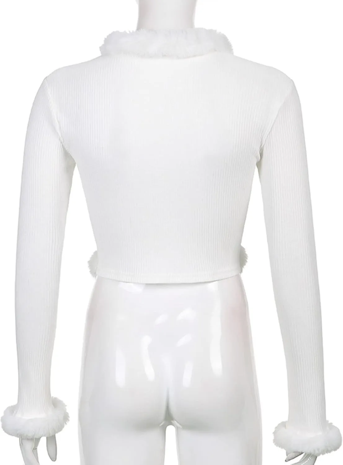 Women's Sexy Feather Trim Blouse Tops Long Sleeve Tie-up Cardigan Faux Fur Crop Top Rave Festival Outfits