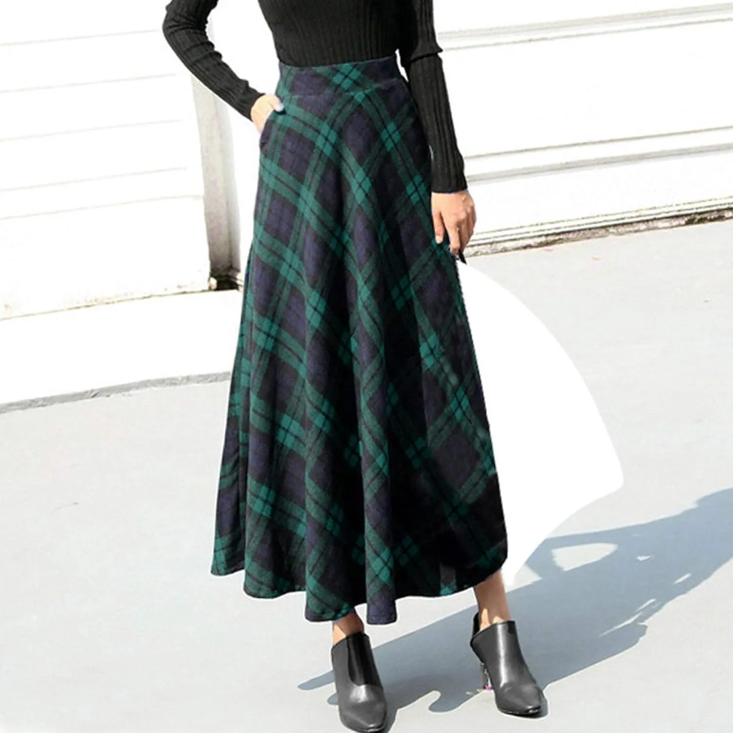 Womens Skirt High Elastic Waist A-line Plaid Winter Warm Flare Long Ankle Skirt Womens Pleated Skirts Midi Skirts