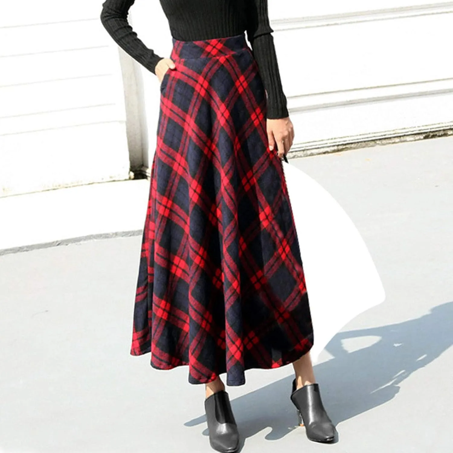 Womens Skirt High Elastic Waist A-line Plaid Winter Warm Flare Long Ankle Skirt Womens Pleated Skirts Midi Skirts