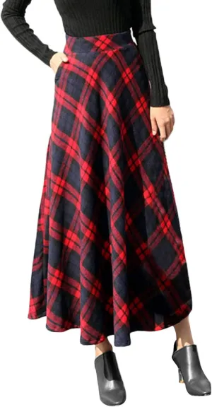 Womens Skirt High Elastic Waist A-line Plaid Winter Warm Flare Long Ankle Skirt Womens Pleated Skirts Midi Skirts