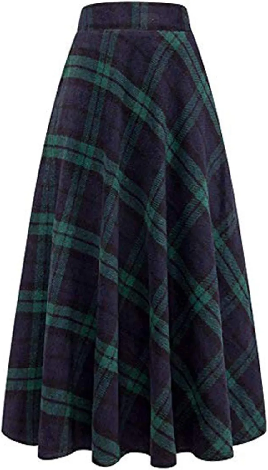 Womens Skirt High Elastic Waist A-line Plaid Winter Warm Flare Long Ankle Skirt Womens Pleated Skirts Midi Skirts