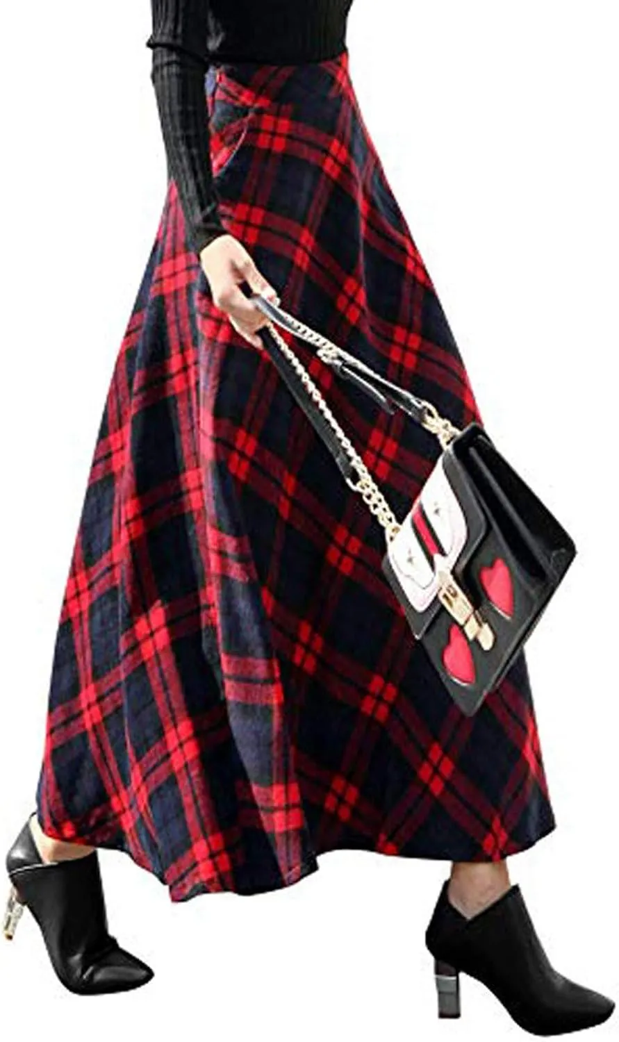 Womens Skirt High Elastic Waist A-line Plaid Winter Warm Flare Long Ankle Skirt Womens Pleated Skirts Midi Skirts
