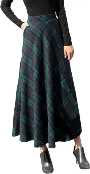 Womens Skirt High Elastic Waist A-line Plaid Winter Warm Flare Long Ankle Skirt Womens Pleated Skirts Midi Skirts