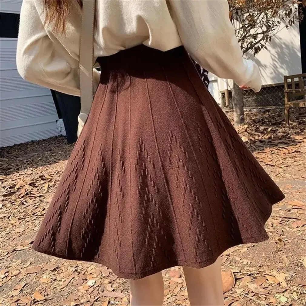 Women's Solid Elastic High Waist Slim Knittd A-Line Pleated Skirt Spring Winter All Matching Sweater Skirt