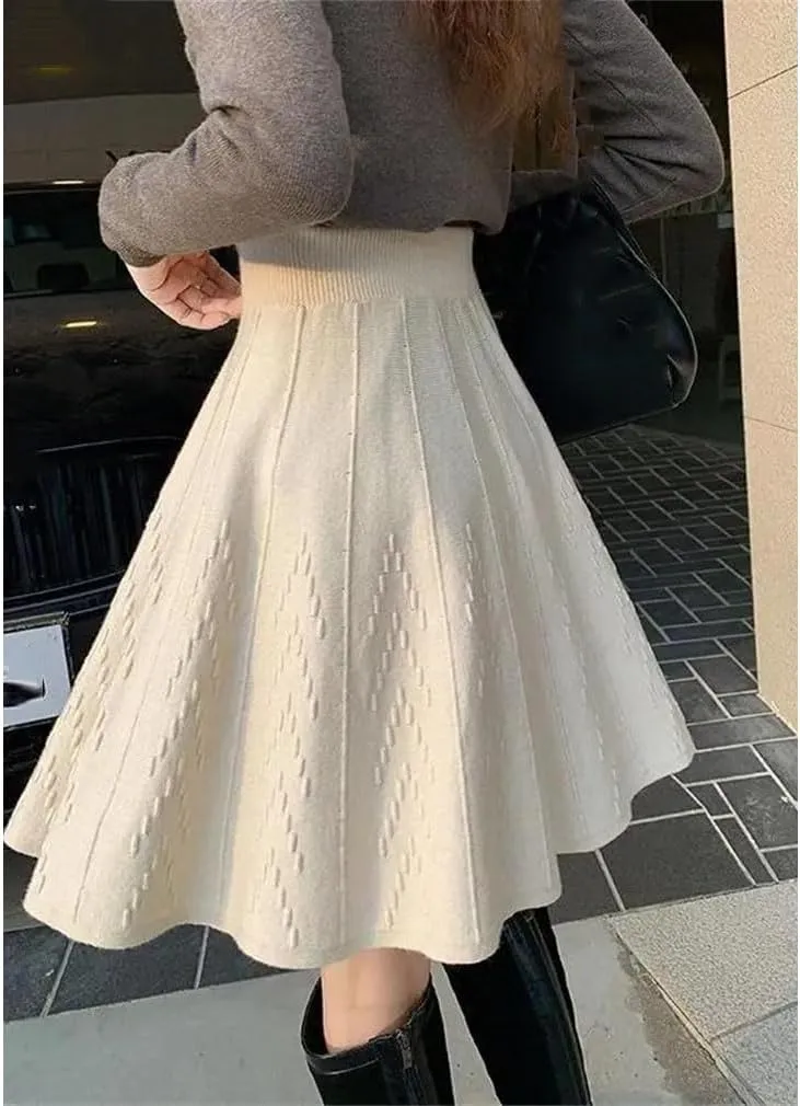 Women's Solid Elastic High Waist Slim Knittd A-Line Pleated Skirt Spring Winter All Matching Sweater Skirt