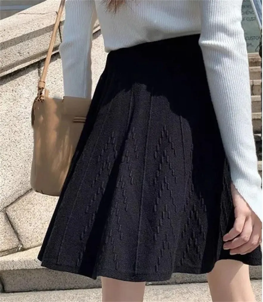Women's Solid Elastic High Waist Slim Knittd A-Line Pleated Skirt Spring Winter All Matching Sweater Skirt