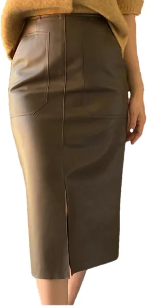 Women's Solid Faux Leather Pencil Skirt High Waist Split Half Body Midi Hip Skirt Slim Fit