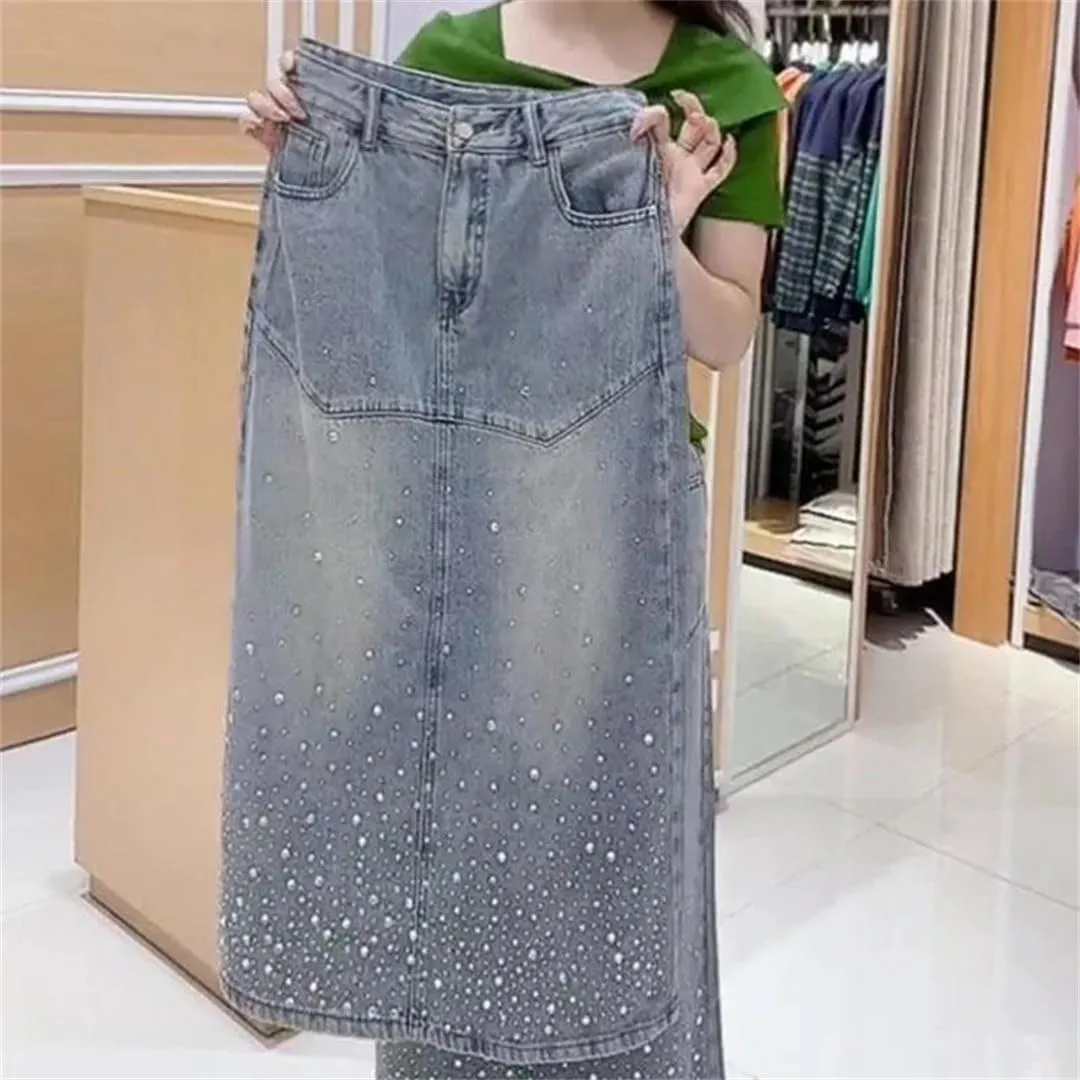 Womens Spring High-Waisted Fashion Open Fork Denim Skirt Casual Straight Half Skirt