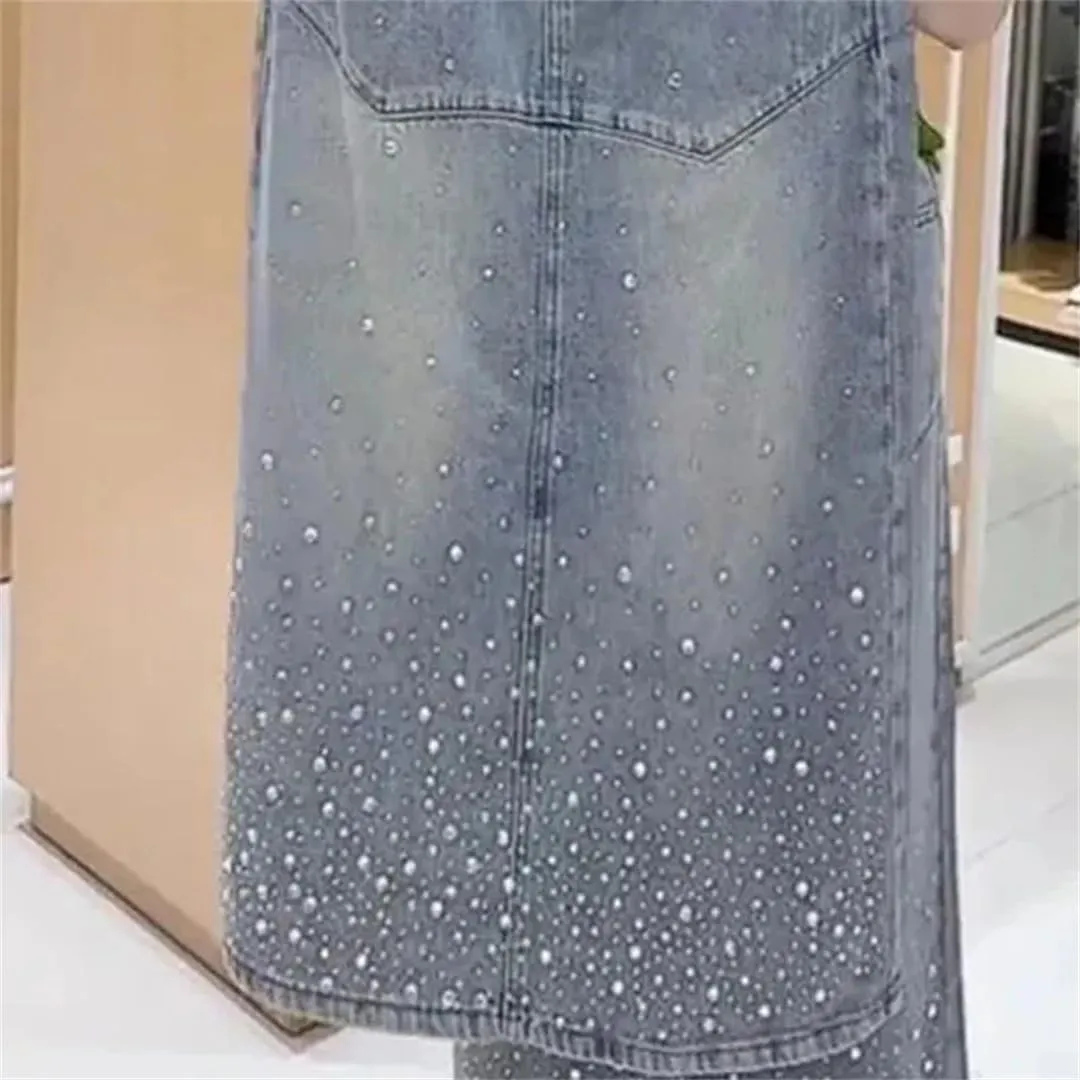 Womens Spring High-Waisted Fashion Open Fork Denim Skirt Casual Straight Half Skirt