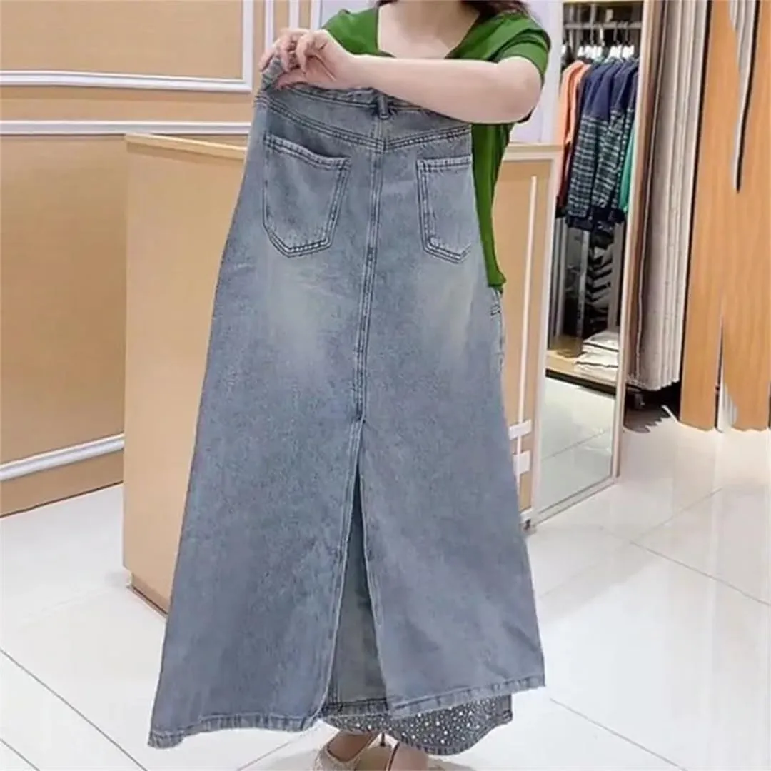 Womens Spring High-Waisted Fashion Open Fork Denim Skirt Casual Straight Half Skirt