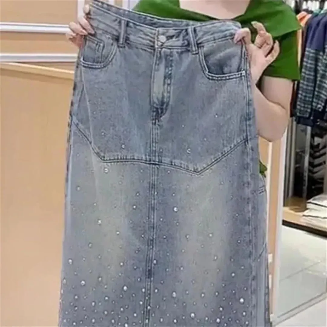 Womens Spring High-Waisted Fashion Open Fork Denim Skirt Casual Straight Half Skirt