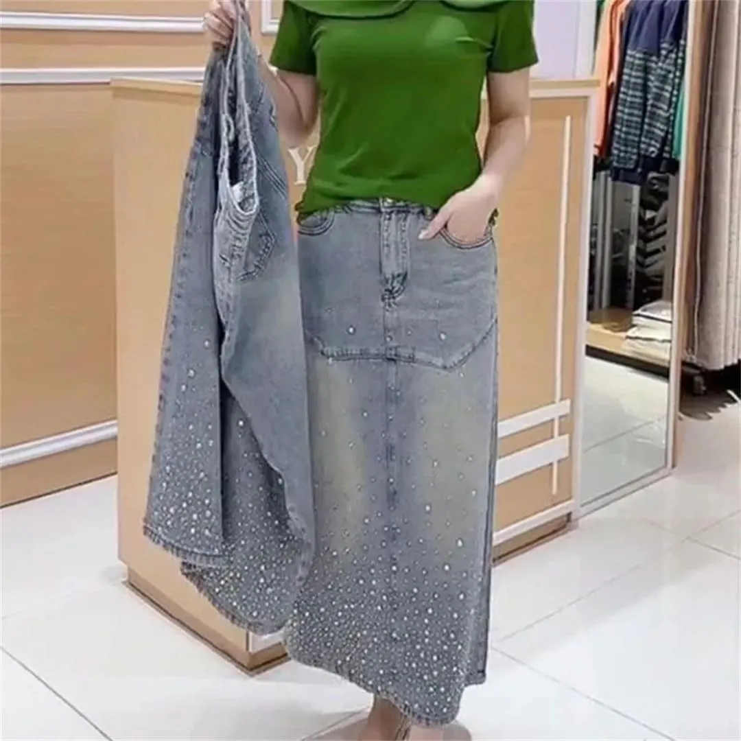 Womens Spring High-Waisted Fashion Open Fork Denim Skirt Casual Straight Half Skirt