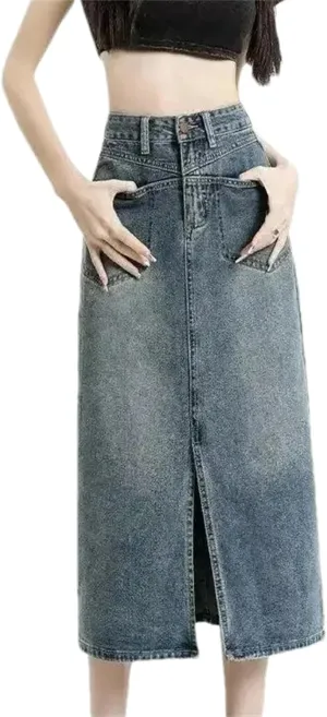 Women's Spring Summer High-Waisted Denim Skirt  Medium-Length A-Line Petite Fit Casual Slit Midi Jean Skirt