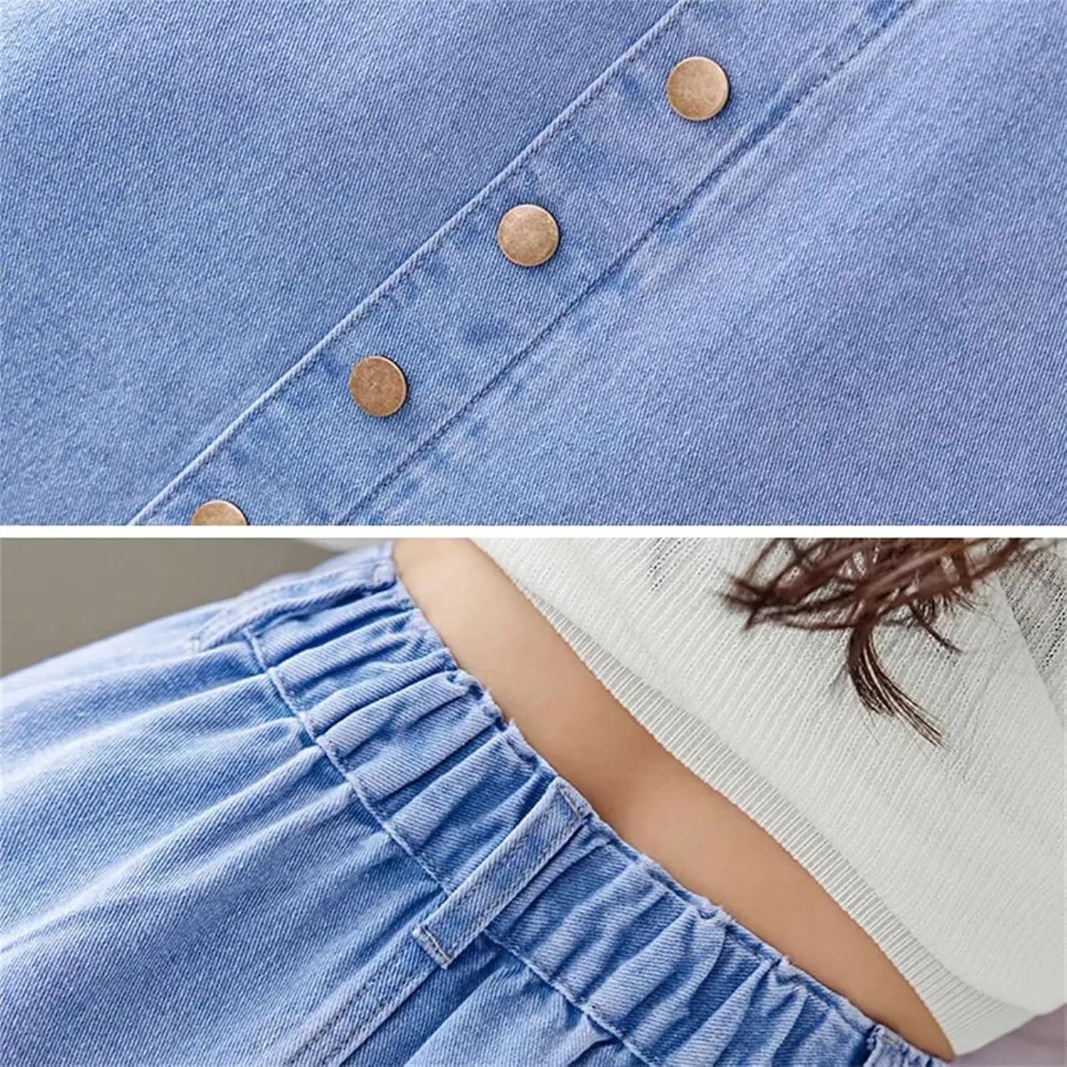 Women's Spring-Summer Medium-Length Denim Skirt  High-Waisted A-Line Casual with Elastic Waist and Pockets