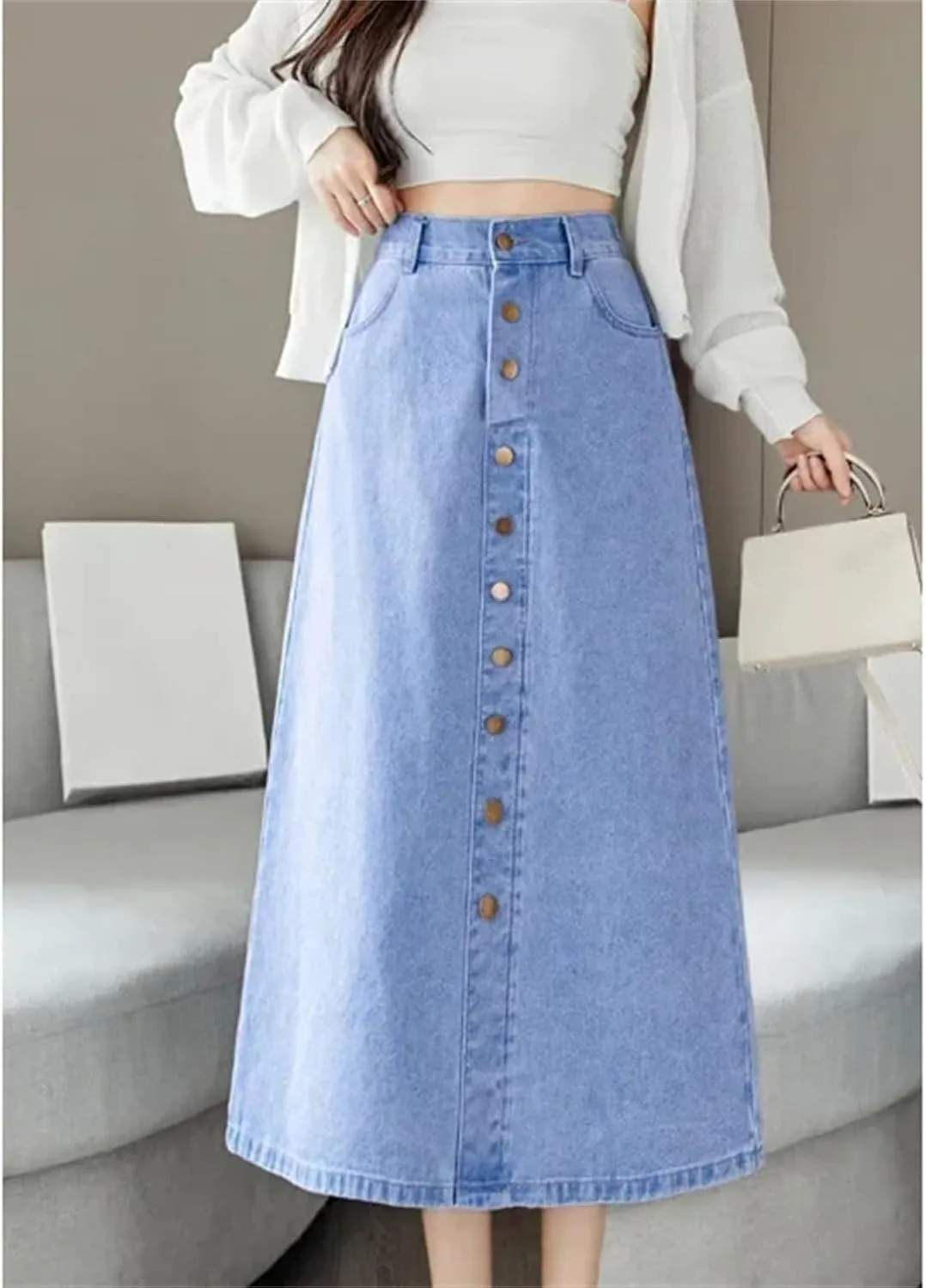 Women's Spring-Summer Medium-Length Denim Skirt  High-Waisted A-Line Casual with Elastic Waist and Pockets