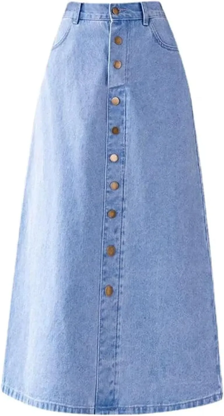 Women's Spring-Summer Medium-Length Denim Skirt  High-Waisted A-Line Casual with Elastic Waist and Pockets
