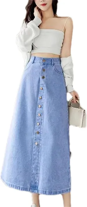 Women's Spring-Summer Medium-Length Denim Skirt  High-Waisted A-Line Casual with Elastic Waist and Pockets
