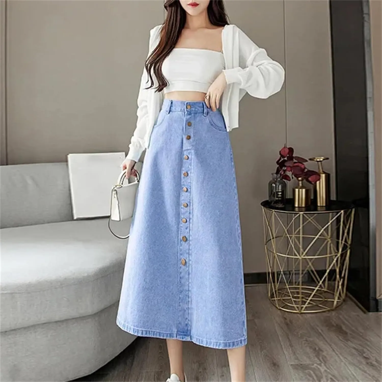 Women's Spring-Summer Medium-Length Denim Skirt  High-Waisted A-Line Casual with Elastic Waist and Pockets