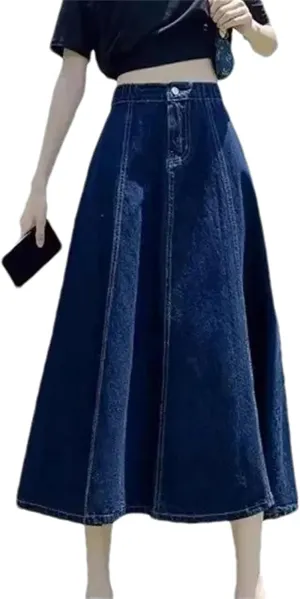 Women's Spring Summer Petite Denim Skirt  High-Waisted Medium-Length A-Line Elastic Bottom