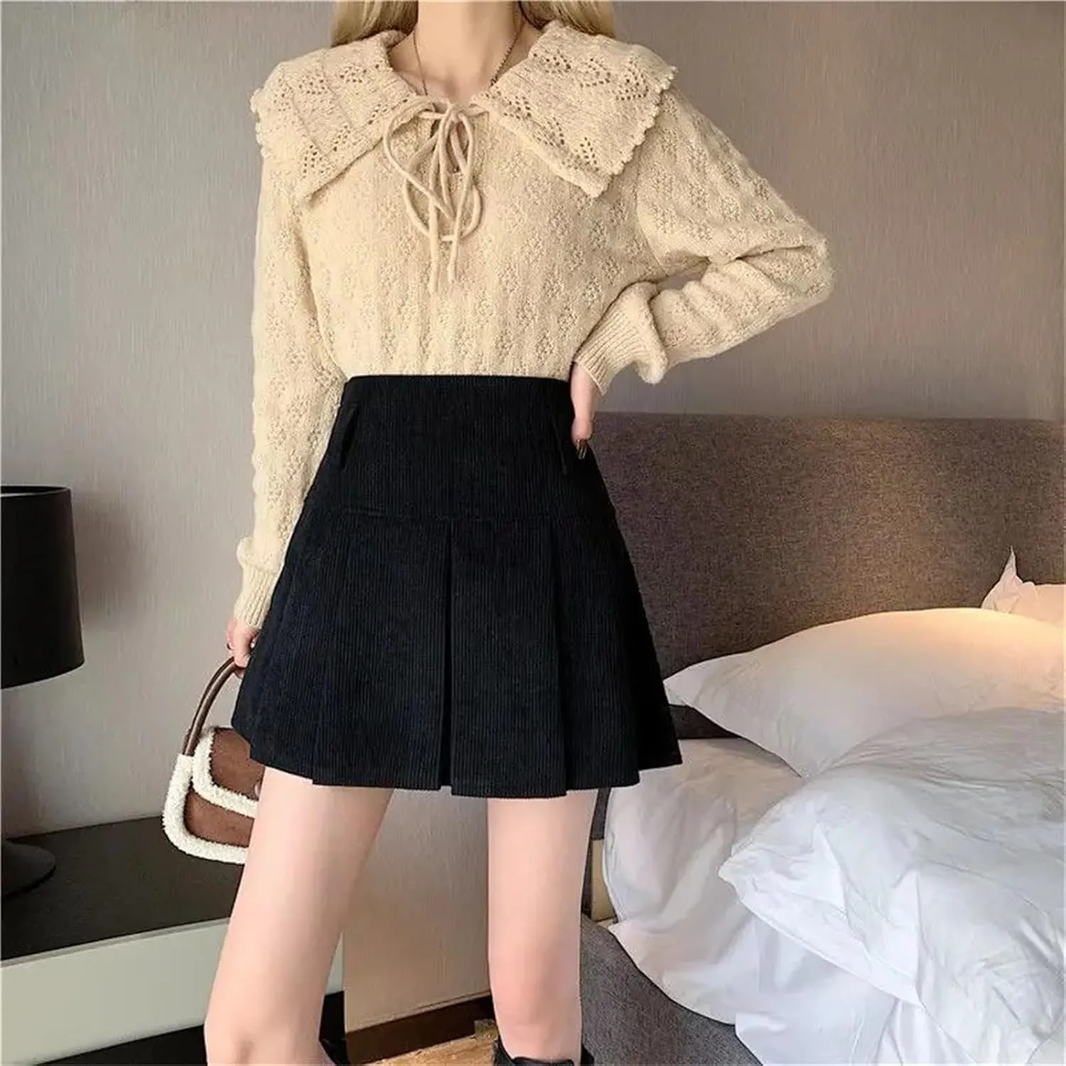 Women's Spring Summer Pleated Skirt  High Waist Corduroy Slim Fit Retro Mini School Girl Golf Skirt