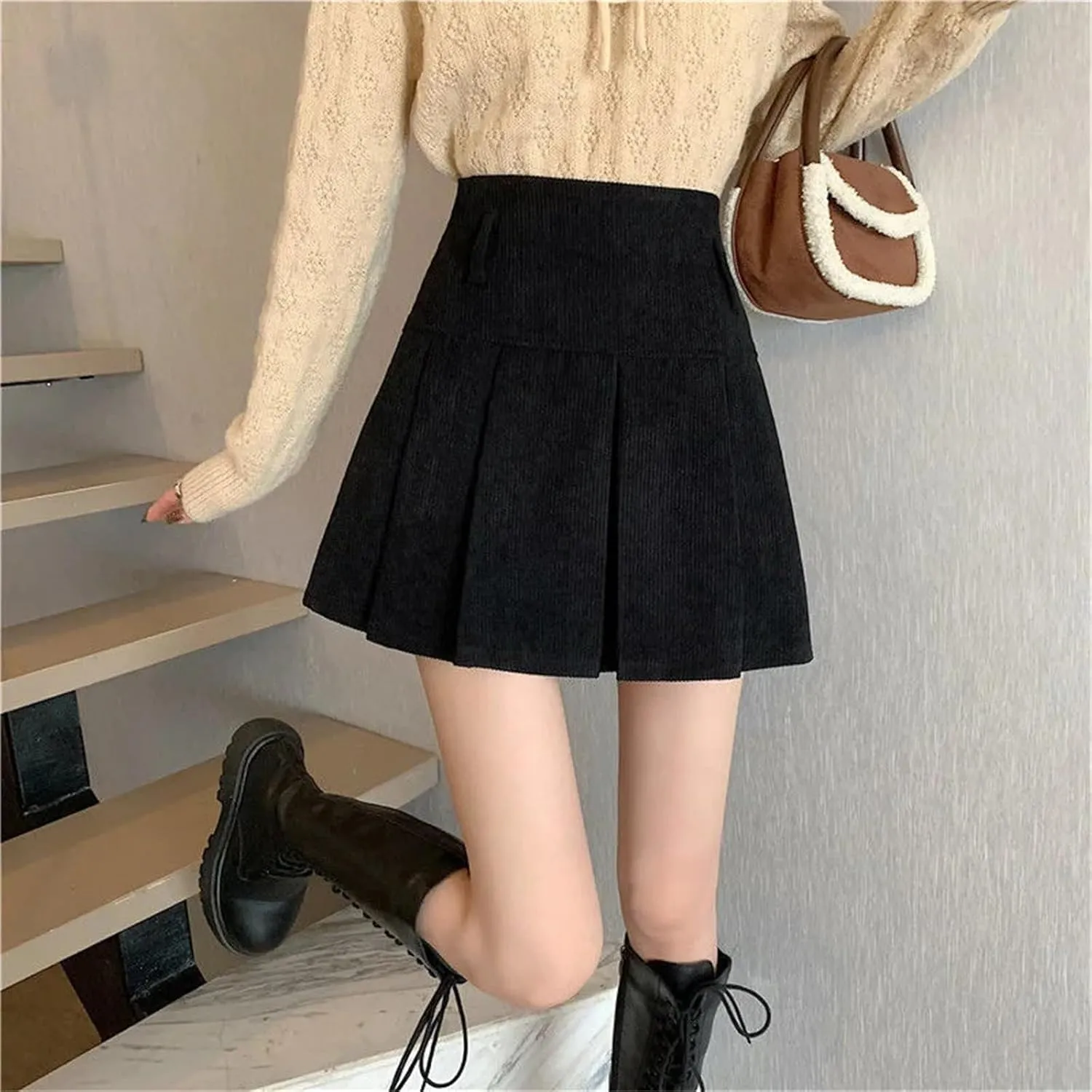 Women's Spring Summer Pleated Skirt  High Waist Corduroy Slim Fit Retro Mini School Girl Golf Skirt