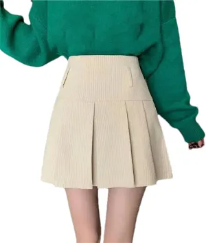 Women's Spring Summer Pleated Skirt  High Waist Corduroy Slim Fit Retro Mini School Girl Golf Skirt