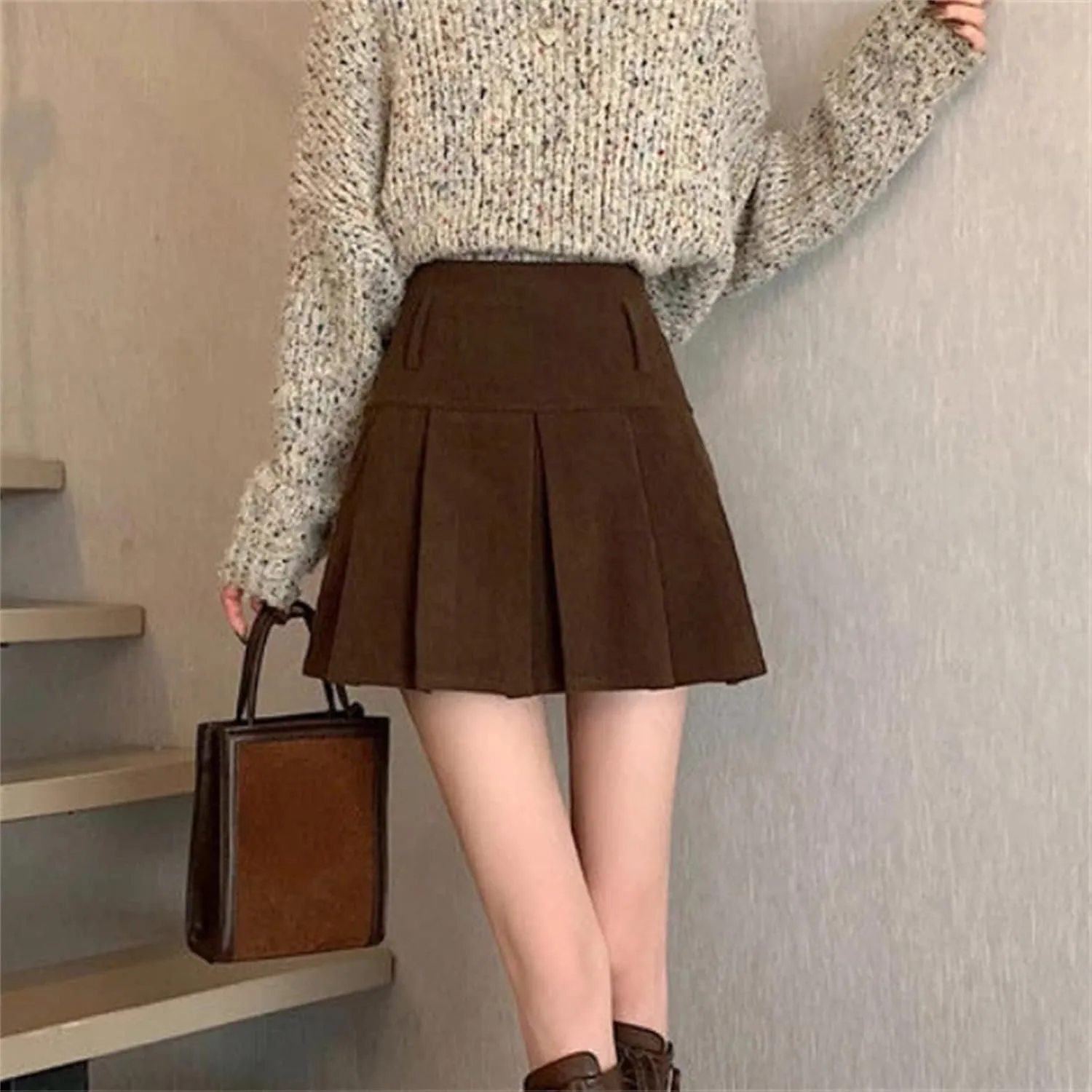 Women's Spring Summer Pleated Skirt  High Waist Corduroy Slim Fit Retro Mini School Girl Golf Skirt