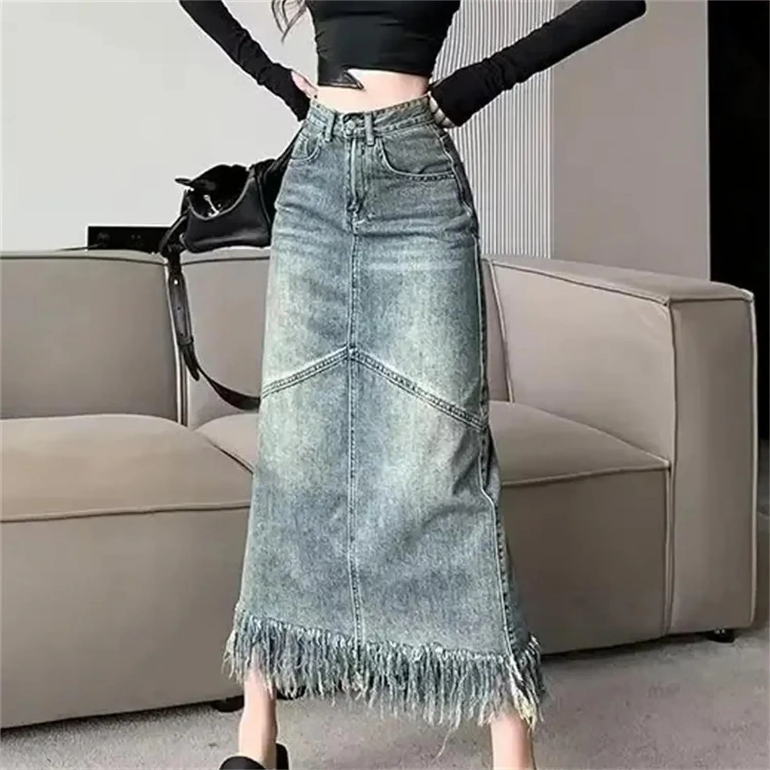 Women's Spring Vintage Sexy High-Waisted Slimming Medium-Length Denim Skirt  Hip-Hugging Long Skirts