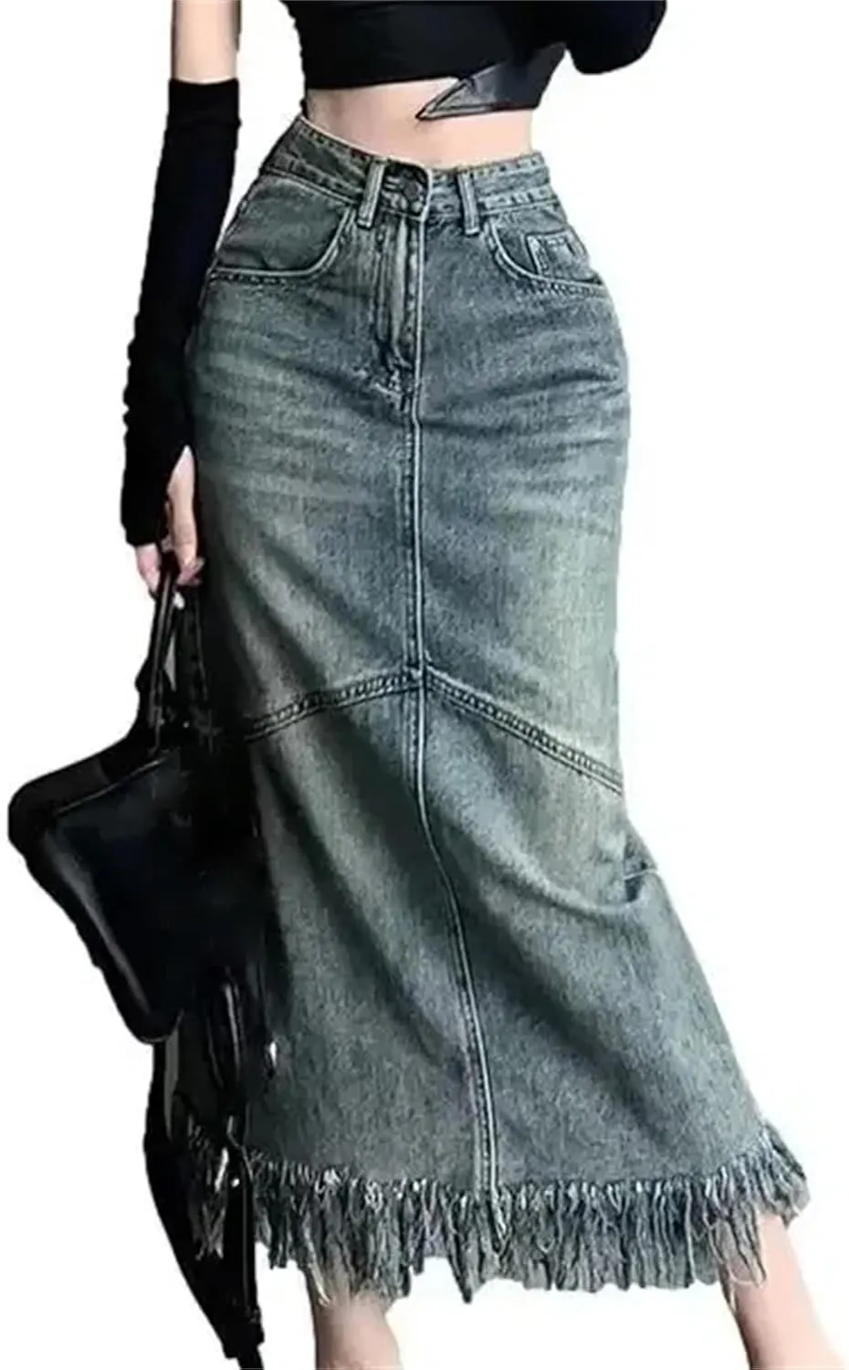 Women's Spring Vintage Sexy High-Waisted Slimming Medium-Length Denim Skirt  Hip-Hugging Long Skirts