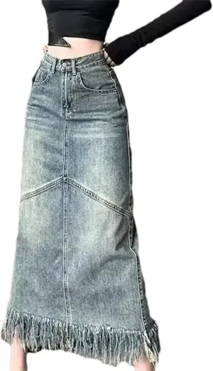 Women's Spring Vintage Sexy High-Waisted Slimming Medium-Length Denim Skirt  Hip-Hugging Long Skirts