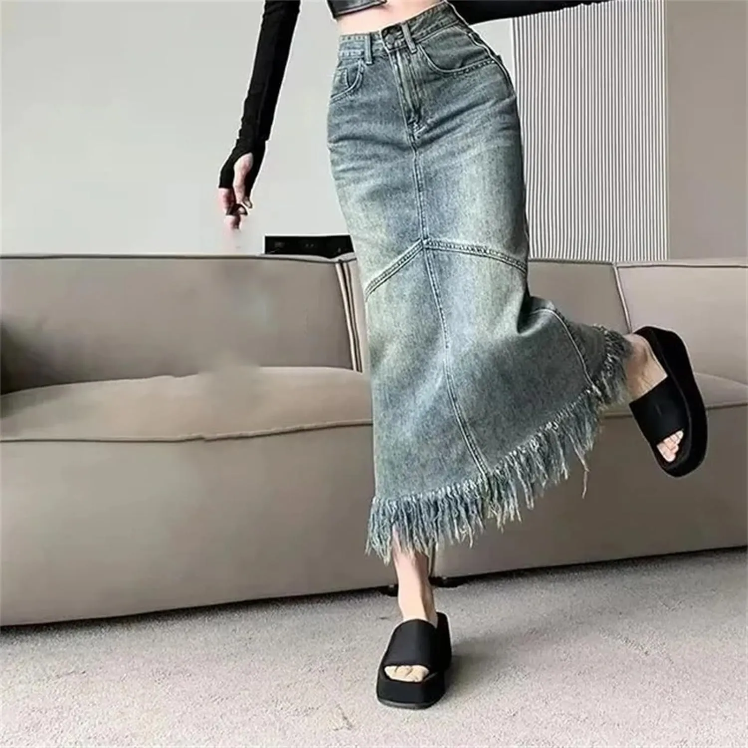 Women's Spring Vintage Sexy High-Waisted Slimming Medium-Length Denim Skirt  Hip-Hugging Long Skirts