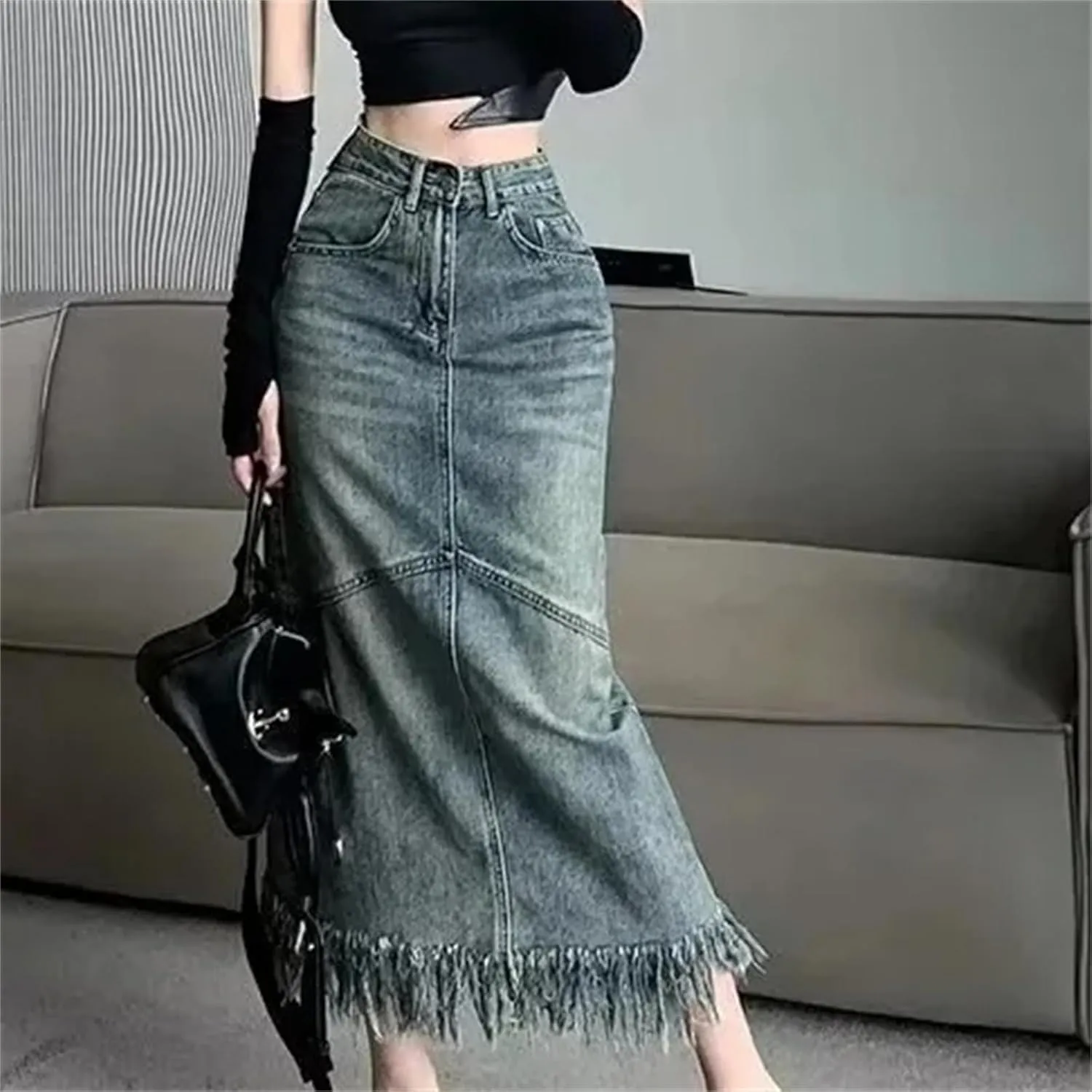 Women's Spring Vintage Sexy High-Waisted Slimming Medium-Length Denim Skirt  Hip-Hugging Long Skirts
